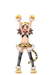 Rule 34 | 1girl, animal ears, animal hands, armpits, arms up, bikini, bikini top only, black panties, brown hair, closed eyes, collar, fake animal ears, fang, flat chest, full body, gloves, hat, highres, koihime musou, kuwada yuuki, long hair, navel, open mouth, panties, paw gloves, paw shoes, shoes, skirt, smile, solo, swimsuit, tail, thighhighs, tora (koihime musou), transparent background, twintails, underwear