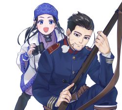 Rule 34 | 1boy, 1girl, :d, ainu, ainu clothes, arisaka, asirpa, bandana, belt, binoculars, black eyes, black hair, blue bandana, blue eyes, blue jacket, blue pants, blush, bolt action, brown belt, closed mouth, collar, collared vest, commentary request, cup, ear piercing, earrings, facial hair, facial scar, goatee, golden kamuy, gun, hair slicked back, hair strand, highres, holding, holding binoculars, holding cup, holding weapon, hoop earrings, imperial japanese army, jacket, jewelry, long hair, long sleeves, looking at viewer, military, military uniform, ogata hyakunosuke, open mouth, pants, piercing, rifle, sayasaka, scar, scar on cheek, scar on face, short hair, simple background, sitting, smile, standing, stubble, trigger discipline, undercut, uniform, upper body, vest, weapon, white background