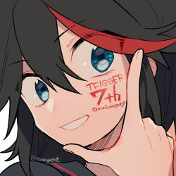 Rule 34 | 1girl, 320 (romsen), anniversary, bad id, bad pixiv id, black hair, blue eyes, body writing, commentary, drawing on another&#039;s face, english text, grin, kill la kill, matoi ryuuko, multicolored hair, pointing, pointing up, portrait, red hair, short hair, smile, solo, streaked hair, trigger (company), twitter username, two-tone hair, white background