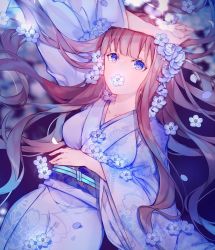 Rule 34 | 1girl, arm up, bad id, bad pixiv id, blue eyes, blue flower, breasts, brown hair, collarbone, commentary request, floral print, flower, flower in mouth, highres, japanese clothes, kimono, long hair, long sleeves, looking at viewer, lying, medium breasts, miyuki (miyuki0529), mouth hold, obi, on back, original, print kimono, purple kimono, sash, solo, very long hair, wide sleeves
