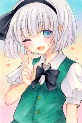 Rule 34 | 1girl, black bow, black bowtie, black hairband, black ribbon, blue background, blue eyes, blush, bow, bowtie, buttons, collared shirt, commentary request, dress, eyelashes, eyes visible through hair, green dress, hair between eyes, hairband, hand up, heart, highres, konpaku youmu, looking to the side, marker (medium), multicolored background, one eye closed, open mouth, pink background, puffy short sleeves, puffy sleeves, ribbon, shirt, short hair, short sleeves, silver hair, smile, solo, teeth, tongue, touhou, traditional media, v, white shirt, yellow background, yuuki hana (jtnp5334)