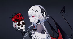 Rule 34 | 1girl, artist name, black background, commentary, demon tail, demon wings, earrings, flower, from side, highres, holding, horns, jewelry, long hair, looking at viewer, off shoulder, original, pointy ears, profile, red eyes, red flower, red rose, rose, sheya, signature, simple background, skull, solo, tail, white hair, wings