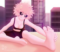 Rule 34 | 1girl, ashido mina, bare hips, barefoot, blush, boku no hero academia, breasts, cleavage, clenched teeth, colored skin, eyelashes, feet, flareless, foot focus, highres, huge filesize, large breasts, medium breasts, nails, pink hair, sitting, soles, solo, teeth, thighs, toes