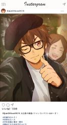 Rule 34 | &gt; o, 1boy, ace of diamond, beret, black jacket, brown eyes, brown hair, extra, glasses, hat, jacket, male focus, one eye closed, open clothes, open jacket, people, potechi norisio, sawamura eijun, selfie, shirt, short hair, smile, solo, thumbs up, upper body, white shirt