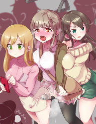 Rule 34 | 3girls, ahegao, bag, blonde hair, blush, body heat, breasts, brown hair, bulge, buttjob, buttjob over clothes, cellphone, censored, chikan, crowded, cum, cum in clothes, cum on clothes, drooling, dry humping, ejaculation, erection, erection under clothes, futa with female, futamrpw, futanari, green eyes, heart, heart-shaped pupils, heart censor, highres, humping, implied futanari, jacket, large breasts, leggings, multiple girls, penis under another&#039;s clothes, phone, red eyes, shirt, skirt, smartphone, sweater, symbol-shaped pupils, tears, train, train interior