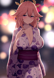 Rule 34 | 1girl, alternate costume, animal ears, arm at side, blurry, blurry background, blush, bokeh, breast suppress, breasts, cleavage, closed mouth, commission, cowboy shot, depth of field, ear piercing, floppy ears, floral print, fox ears, genshin impact, hair between eyes, hair ornament, hand on own chest, hand up, japanese clothes, kimono, large breasts, long hair, looking at viewer, piercing, pink hair, purple eyes, purple sash, sash, sidelocks, skeb commission, smile, solo, wide sleeves, yae miko, yousui