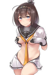 Rule 34 | 1girl, absurdres, ahoge, akizuki (kancolle), blue eyes, blush, breasts, brown hair, clothes writing, commentary request, covering breasts, covering nipples, covering privates, embarrassed, gloves, groin, hachimaki, hair ornament, headband, highres, kantai collection, kiritto, looking at viewer, medium breasts, meme attire, neckerchief, pleated skirt, ponytail, revealing clothes, reverse bunnysuit, reverse outfit, sailor collar, school uniform, serafuku, short hair, short sleeves, simple background, skirt, smile, solo, sweatdrop, tearing up, tears, wavy mouth, white background, white skirt, yellow neckerchief