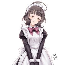 Rule 34 | 1girl, ahoge, alternate costume, apron, artist name, black gloves, black hair, blush, brown eyes, dated, enmaided, gloves, juliet sleeves, kantai collection, kishinami (kancolle), long sleeves, maid, maid apron, maid headdress, open mouth, puffy sleeves, short hair, signature, simple background, smile, solo, tk8d32, upper body, white apron, white background
