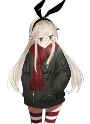 Rule 34 | anchor, anchor hair ornament, black hairband, blonde hair, coat, grey eyes, hair ornament, hairband, hands in pocket, hara shoutarou, highres, kantai collection, long hair, scarf, shimakaze (kancolle), solo, striped clothes, striped thighhighs, thighhighs, white background, winter clothes, winter coat