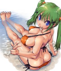 Rule 34 | 1girl, amania orz, ass, bikini, blue eyes, breasts, cleavage, copyright request, dated, green hair, hair ornament, large breasts, long hair, looking at viewer, orange bikini, parted lips, partially submerged, shadow, sidelocks, smile, solo, swimsuit, twintails, water, x hair ornament