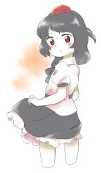 Rule 34 | 1girl, blush, chestnut mouth, clothes lift, cropped legs, flat chest, grey hair, grey skirt, hat, lifted by self, medium hair, nonamejd, official style, puffy short sleeves, puffy sleeves, red eyes, red hat, shameimaru aya, shirt, short sleeves, skirt, skirt lift, solo, tokin hat, touhou, white shirt, zun (style)