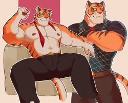 Rule 34 | 0rnix, bara, belt, black pants, collared shirt, couch, cropped legs, fang, fang out, fortnite, furry, furry male, green sweater vest, highres, looking at viewer, muscular, muscular male, navel, nipples, on couch, orange eyes, oscar (fortnite), pants, pectorals, shirt, sitting, sweater vest, tiger boy, two-tone background, whiskers