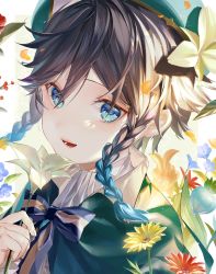 Rule 34 | 1boy, absurdres, aqua eyes, aqua hair, black hair, blue hair, border, bow, braid, cape, collared cape, commentary, flower, genshin impact, gradient hair, green cape, hair between eyes, hat, highres, holding, holding flower, looking at viewer, male focus, multicolored hair, open mouth, outside border, sainome (imveryfinethx), shirt, short hair with long locks, solo, symbol-only commentary, twin braids, upper body, venti (genshin impact), white border, white shirt