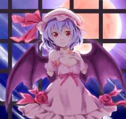Rule 34 | 1girl, adapted costume, bare shoulders, bat wings, blue hair, dress, female focus, flat chest, flower, full moon, gloves, hat, hat ribbon, highres, makuwauri, moon, red eyes, red moon, remilia scarlet, ribbon, rose, short hair, smile, solo, touhou, window, wings