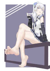 Rule 34 | 1girl, absurdres, azuma seren, barefoot, crossed legs, feet, fingerless gloves, gloves, highres, indie virtual youtuber, long hair, looking at viewer, open mouth, silver hair, sitting, soles, toes