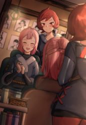 Rule 34 | 2girls, akari (pokemon), arezu (pokemon), basket, black shirt, black shorts, blurry, blush, bottle, chair, closed mouth, commentary, cowlick, creatures (company), game freak, grey jacket, hair bun, hairdressing, highres, hood, hood down, hooded jacket, indoors, ippers, jacket, mirror, multiple girls, nintendo, orange pantyhose, own hands together, pantyhose, pantyhose under shorts, photo (object), pink hair, pokemon, pokemon legends: arceus, red eyes, red hair, sash, shirt, short hair, shorts, single hair bun, sitting, smile, split mouth, standing, symbol-only commentary