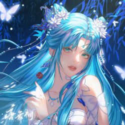 Rule 34 | 1girl, artist request, bare shoulders, blue eyes, breasts, bug, butterfly, character name, collarbone, cone hair bun, dark background, douluo dalu, dress, flower, hair bun, hair flower, hair ornament, hand up, highres, insect, jewelry, long hair, medium breasts, necklace, parted lips, second-party source, solo, tang wutong (douluo dalu), teeth, upper body, white dress