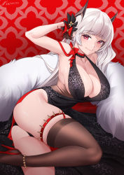 Rule 34 | 1girl, absurdres, anklet, armpits, ass, azur lane, black dress, breasts, cleavage, dress, evening gown, high heels, highres, jewelry, large breasts, long hair, looking at viewer, lying, nevven, official alternate costume, on side, patent heels, red eyes, shoes, single shoe, skindentation, sleeveless, sleeveless dress, solo, stiletto heels, thigh strap, white hair, yorck (azur lane), yorck (breaker under the blood moon) (azur lane)