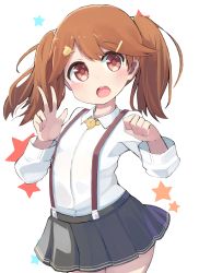 Rule 34 | 10s, 1girl, black skirt, brown eyes, brown hair, collared shirt, highres, kantai collection, long hair, long sleeves, magatama, okota mikan, open mouth, pleated skirt, ryuujou (kancolle), shirt, skirt, solo, star (symbol), suspenders, twintails, white background, white shirt