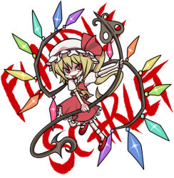 Rule 34 | 1girl, :p, blouse, character name, collared shirt, english text, engrish text, female focus, flandre scarlet, full body, haro (artist), hat, mob cap, ranguage, shirt, socks, solo, tongue, tongue out, touhou, white background, white hat, white shirt, white socks