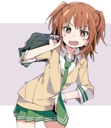 Rule 34 | 1girl, bag, blush, bracelet, brown eyes, brown hair, green necktie, green skirt, hand on own hip, ixy, jewelry, kurahashi riko, looking at viewer, love lab, necktie, open mouth, raglan sleeves, school uniform, shirt, short hair, skirt, solo, standing, twintails, two side up, white shirt