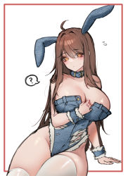 Rule 34 | ?, absurdres, animal ears, breasts, brown hair, cleavage, collar, denim, denim leotard, gg amang, highres, large breasts, legs together, leotard, looking at viewer, original, rabbit ears, shiny skin, sitting, solo, thick thighs, thighhighs, thighs, torn clothes, white thighhighs, yellow eyes