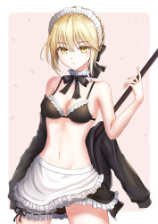 Rule 34 | 1girl, artoria pendragon (all), artoria pendragon (alter swimsuit rider) (second ascension) (fate), artoria pendragon (fate), bad id, bad pixiv id, bikini, black bow, blonde hair, blush, bow, breasts, cleavage, closed mouth, fate (series), hair bow, highres, looking at viewer, maid, maid bikini, maid headdress, medium breasts, navel, saber alter, seungju lee, solo, standing, swimsuit, unconventional maid, yellow eyes
