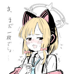 Rule 34 | 1girl, animal ear headphones, animal ears, blonde hair, blue archive, blush, bow, cat ear headphones, commentary request, fake animal ears, hair bow, halo, headphones, long hair, looking at viewer, momoi (blue archive), red bow, red eyes, shirt, short hair, simple background, solo, translation request, trembling, upper body, white background, white shirt, zyaga53