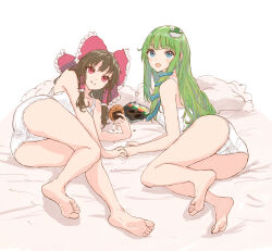 Rule 34 | 2girls, :q, ass, bare legs, barefoot, bed sheet, blush, bow, brown hair, camisole, food, frilled bow, frilled hair tubes, frills, frog hair ornament, green hair, hair bow, hair ornament, hair tubes, hakurei reimu, highres, kashiwada kiiho, kochiya sanae, looking at viewer, lying, multiple girls, on side, panties, red eyes, senbei, smile, snake hair ornament, soles, toes, tongue, tongue out, touhou, underwear, underwear only, white camisole, white panties