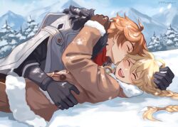 Rule 34 | 2boys, 999aethers, aether (genshin impact), ahoge, alternate costume, arms up, artist name, black shirt, blonde hair, blue sky, blush, braid, brown coat, brown gloves, brown pants, buttons, christmas tree, closed eyes, cloud, cloudy sky, coat, day, forest, fur-trimmed coat, fur trim, genshin impact, gloves, gold trim, grey gloves, hair between eyes, hair ornament, hair ribbon, hand on another&#039;s head, hand up, highres, hood, hooded coat, hug, kiss, kissing cheek, long hair, long sleeves, lying, male focus, mountain, multiple boys, nature, official alternate costume, on back, open mouth, orange hair, outdoors, pants, red scarf, ribbon, scarf, shadow, shirt, short hair, sky, smile, snow, tartaglia (genshin impact), teeth, tongue, white coat, white ribbon, winter, yaoi