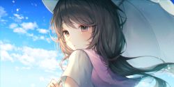 Rule 34 | 1girl, :o, aran (aran0127), blue sky, blush, brown eyes, brown hair, cloud, commentary, day, from behind, highres, holding, holding umbrella, long hair, looking at viewer, looking back, original, outdoors, parted lips, shirt, short sleeves, sky, solo, symbol-only commentary, umbrella, upper body, white shirt, white umbrella