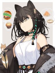 Rule 34 | 2girls, animal ears, arknights, arrow (projectile), bare shoulders, belt, black choker, black coat, black hair, border, braid, breasts, brown hair, burger, ceobe (arknights), choker, closed mouth, coat, collarbone, dog ears, drooling, food, fur-trimmed coat, fur trim, ganesagi, grey background, highres, jewelry, long hair, lunacub (arknights), medium breasts, mole, mole on arm, muffin, multiple girls, necklace, open clothes, open coat, outside border, pasta, saliva, side braid, simple background, solo focus, soup, spaghetti, thought bubble, upper body, v-shaped eyebrows, white border, wolf ears, yellow eyes