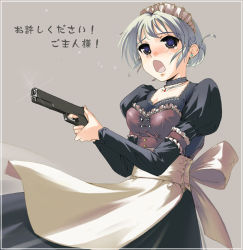 Rule 34 | 1girl, combat maid, female focus, grey hair, gun, handgun, maid, original, pistol, solo, standing, translated, weapon, yurikuta tsukumi