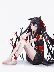 Rule 34 | 0 (znanimo), 1girl, absurdres, alternate costume, animal ears, ankleband, arknights, barefoot, black collar, black dress, black hair, collar, dress, flower, full body, hair ribbon, highres, knees up, long hair, looking at viewer, orange eyes, red flower, red ribbon, ribbon, simple background, sitting, solo, tail, texas (arknights), very long hair, white background, wolf ears, wolf tail