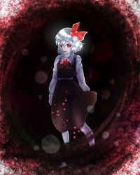 Rule 34 | 1girl, albino, alternate hair color, colored skin, gradient background, hair ribbon, highres, long sleeves, looking at viewer, necktie, open mouth, red background, red eyes, ribbon, rumia, sakuya (sa ku yan), short hair, side ponytail, skirt, skirt set, solo, touhou, white hair, white skin