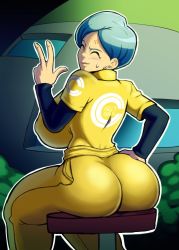 Rule 34 | 1girl, anger vein, ass, blue hair, blush, bodysuit, breasts, bulma, capsule corp, covered erect nipples, curvy, dragon ball, dragon ball super, dragon ball super super hero, earrings, closed eyes, from behind, hand on own ass, highres, huge ass, huge breasts, jewelry, jumpsuit, long sleeves, mature female, short hair, sitting, skin tight, sweatdrop, thick thighs, thighs, vertacularrld, yellow bodysuit