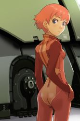Rule 34 | 1girl, ass, bad id, bad pixiv id, blue eyes, bodysuit, breasts, enami katsumi, hand in pocket, jumpsuit, looking back, original, red hair, science fiction, short hair, small breasts, solo