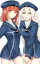 Rule 34 | 10s, 2girls, :d, aged up, alternate hair length, alternate hairstyle, anchor, commentary request, cowboy shot, dress, eyebrows, green eyes, hair between eyes, hat, kantai collection, light smile, long hair, looking at viewer, looking to the side, multiple girls, open mouth, red eyes, red hair, sailor dress, sailor hat, simple background, smile, very long hair, white background, white hair, xokame, z1 leberecht maass (kancolle), z3 max schultz (kancolle)