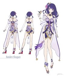 Rule 34 | 1girl, bird, blush, breasts, character name, cleavage, closed mouth, collarbone, commentary request, full body, genshin impact, highres, long hair, medium breasts, pokira, purple eyes, purple hair, raiden shogun, simple background, solo, standing, white background