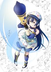 Rule 34 | 1girl, blue hair, commentary request, crayon, fingerless gloves, from above, gloves, hair between eyes, hat, long hair, looking at viewer, love live!, love live! school idol festival, love live! school idol project, morugen, rabbit, solo, sonoda umi, thighhighs, yellow eyes