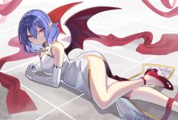 Rule 34 | 1girl, alternate costume, ass, bat wings, blue hair, china dress, chinese clothes, closed mouth, dress, elbow gloves, falken (yutozin), fang, gloves, hair between eyes, high heels, highres, lying, on side, pointy ears, red eyes, red footwear, red wings, remilia scarlet, short hair, skin fang, smile, solo, touhou, white dress, white gloves, wings