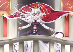 Rule 34 | 1girl, animal ears, balcony, braid, cape, commentary request, crown, dress, floating hair, fox ears, fox girl, fox tail, fur-trimmed cape, fur trim, green eyes, hair between eyes, heterochromia, holding, holding sword, holding weapon, hololive, hololive gamers, long hair, looking at viewer, mizuki haruka, open mouth, outstretched arms, red eyes, shirakami fubuki, sidelocks, single braid, sword, tail, virtual youtuber, weapon, white dress, white hair