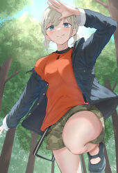 Rule 34 | 1girl, absurdres, arm up, blue eyes, blush, breasts, camouflage, camouflage shorts, denim, denim jacket, forest, grey hair, highres, idolmaster, idolmaster shiny colors, jacket, looking at viewer, nature, orange shirt, outdoors, serizawa asahi, shirt, short twintails, shorts, small breasts, smile, solo, standing, standing on one leg, sunlight, take978733141, twintails