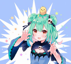 Rule 34 | 1girl, :d, animal, animal on head, bird, bird on head, blue background, blush, bow, breasts, chick, claw pose, cleavage, cleavage cutout, clothing cutout, colored inner hair, commentary request, detached sleeves, double bun, fang, flat chest, green hair, hair bow, hair bun, hair ornament, hololive, looking at viewer, medium hair, multicolored hair, on head, open mouth, pink hair, red eyes, skull hair ornament, smile, solo, star (symbol), starry background, two-tone background, two-tone hair, upper body, uruha rushia, uruha rushia (1st costume), virtual youtuber, white background, yazawa oke