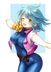 Rule 34 | 1girl, ;d, allenby beardsley, ari (xxrmsn 008), belt, blue bodysuit, blue hair, bodysuit, breasts, commentary, g gundam, gloves, green eyes, gundam, highres, jacket, jewelry, looking at viewer, medium breasts, necklace, one eye closed, open clothes, open jacket, open mouth, short hair, skin tight, sleeveless, sleeveless jacket, smile, solo, v