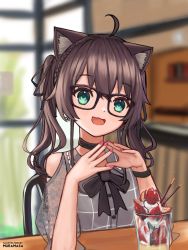Rule 34 | 1girl, :3, absurdres, animal ears, artist name, black bow, black choker, blurry, blurry background, blush, bow, brown hair, cat ears, cat girl, choker, cowlick, glasses, green eyes, head tilt, highres, hololive, kemonomimi mode, looking at viewer, muramasa dash, nail polish, natsuiro matsuri, natsuiro matsuri (casual), open mouth, own hands together, parfait, pink nails, sitting, smile, solo, twintails, virtual youtuber