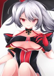 Rule 34 | 1girl, absurdres, asymmetrical hair, azur lane, bare shoulders, black choker, black one-piece swimsuit, blush, breasts, choker, clothing cutout, cross, gloves, hand up, highres, iron cross, knees together feet apart, knees up, long hair, looking at viewer, medium breasts, one-piece swimsuit, osatou (soul of sugar), parted lips, red eyes, red gloves, red one-piece swimsuit, side ponytail, silver hair, smile, solo, swimsuit, two-tone swimsuit, u-410 (azur lane), underboob, underboob cutout