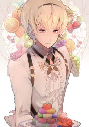 Rule 34 | 1boy, arm behind back, blonde hair, brooch, center frills, collared shirt, commentary request, cross tie, european clothes, fire emblem, fire emblem fates, flower, food, frills, fruit, grapes, highres, holding, holding tray, jewelry, kariya (mizore), kiwi (fruit), kiwi slice, lemon, leo (fire emblem), long sleeves, looking at viewer, male focus, nintendo, orange (fruit), red eyes, shirt, smile, solo, strawberry, suspenders, tray, upper body, white shirt, wing collar