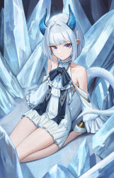Rule 34 | 1girl, absurdres, armpit crease, bare legs, bare shoulders, blue eyes, blue horns, chain necklace, choker, commentary request, cryturtle, dress, expressionless, frilled choker, frilled dress, frilled sleeves, frills, high heels, highres, horns, ice, jewelry, looking at viewer, looking up, necklace, original, pointy ears, seiza, short hair, sitting, sleeves past wrists, solo, tail, thighs, white choker, white hair, white tail