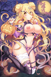 Rule 34 | 1girl, alternate costume, bag, bandaged leg, bandages, bare shoulders, between legs, black leotard, black thighhighs, blonde hair, blush, boots, breastless clothes, breasts, breasts out, closed mouth, clothing cutout, curly hair, date a live, demon girl, demon horns, demon tail, demon wings, detached collar, detached sleeves, double bun, embarrassed, finger to mouth, floating, food, full moon, graveyard, hair between eyes, hair bun, hair ornament, halloween, halloween bucket, halloween costume, hands up, heart, heart cutout, heart hair ornament, high heel boots, high heels, highres, holding, holding bag, horns, hoshimiya mukuro, large breasts, legs, legs folded, leotard, long hair, looking at viewer, microskirt, midriff, moon, navel, night, night sky, nipples, outdoors, pleated skirt, revealing clothes, skirt, sky, solo, star (sky), star (symbol), star hair ornament, starry sky, stomach cutout, sweets, tail, tail around own leg, tail between legs, thigh boots, thighhighs, thighs, tombstone, trick or treat, tsubasaki, very long hair, white skirt, wings, yellow eyes